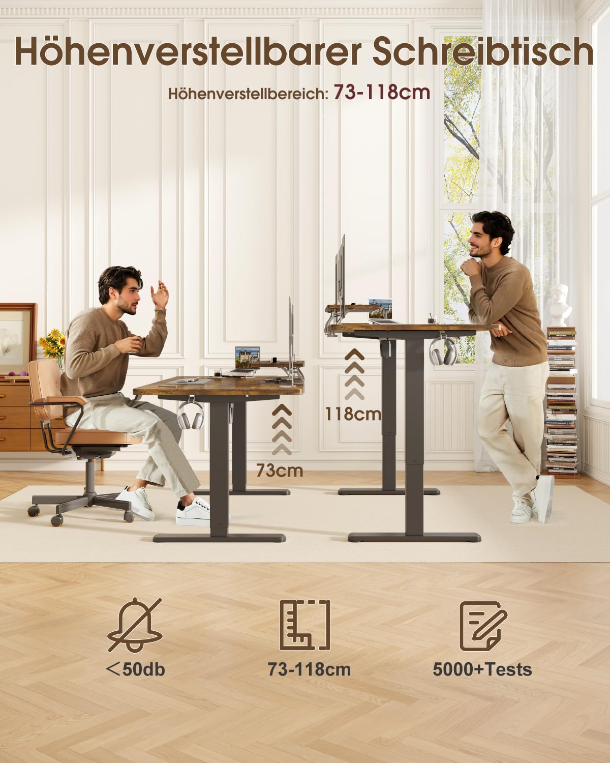 Devoko Höhenverstellbarer Schreibtisch 160×70cm mit Monitorständer | Schreibtisch Höhenverstellbar Elektrisch mit 2 Höhen Memory-Steuerung, Ergonomisches Sitz-Stehpult,Vintagebraun
