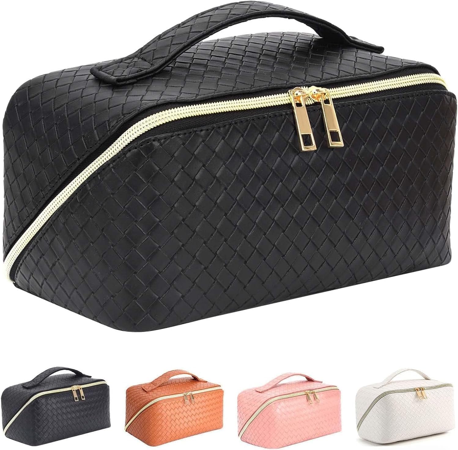 – Large Capacity Cosmetic Bag, Woven Leather Waterproof Makeup Organizer with Handle and Dividers, Portable Travel Toiletry Bag for Women Girls Flat Lay Storage