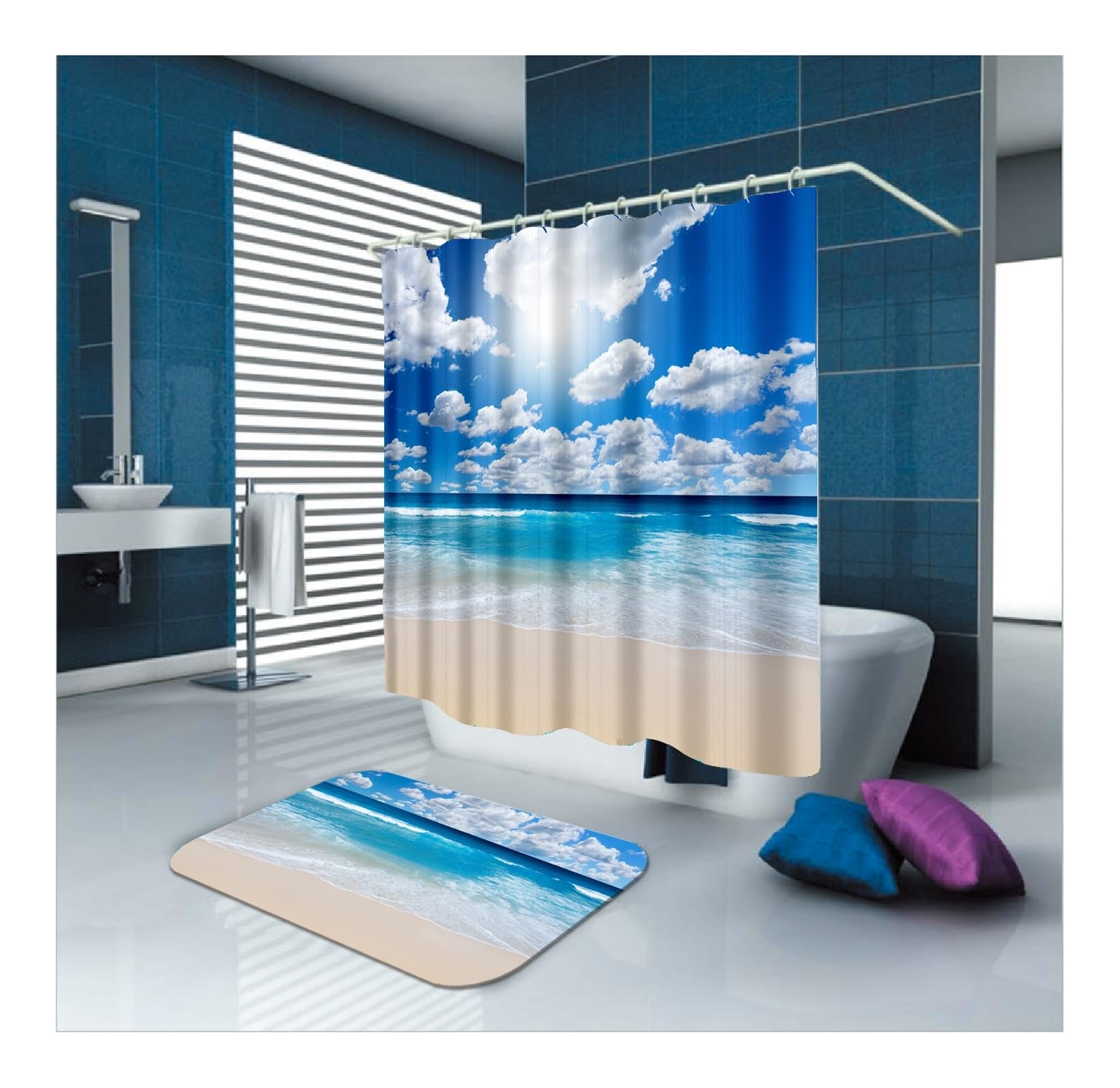 Cortina de ducha de 180 x 200 cm, resistente al agua, tela textil azul y marrón, patrón de playa, cortina de baño, tela de poliéster, resistente al moho, lavable, 1,8 x 2 m de largo (ancho x