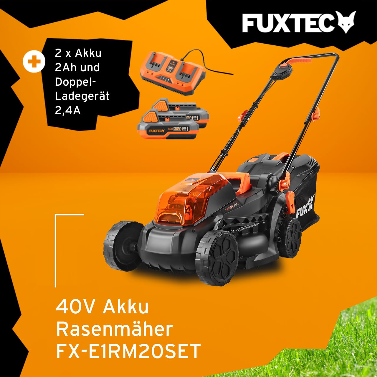 FUXTEC Akku Rasenmäher FX-E1RM20-SET 40V 2x20V • 33cm Schnittbreite • 5fach Variable Schnitthöhe 25–65mm • Ink.l 2x2Ah Akku und Schnellladegerät • 35L Fangkorb • 14kg