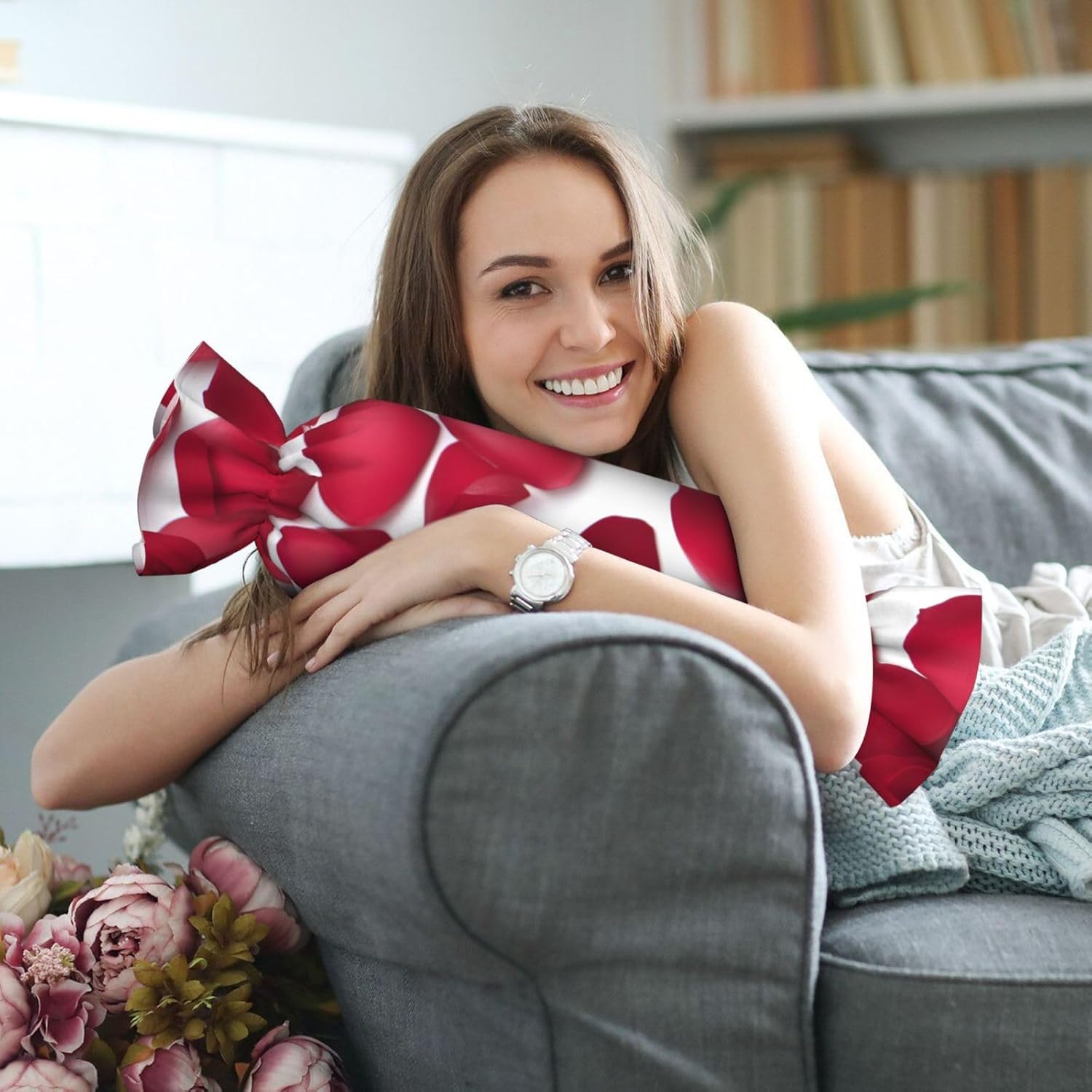 Red Rose Petals Print Candy Cylindrical Comfortable Pillow Throw Pillows Home Decor Easy Maintenance