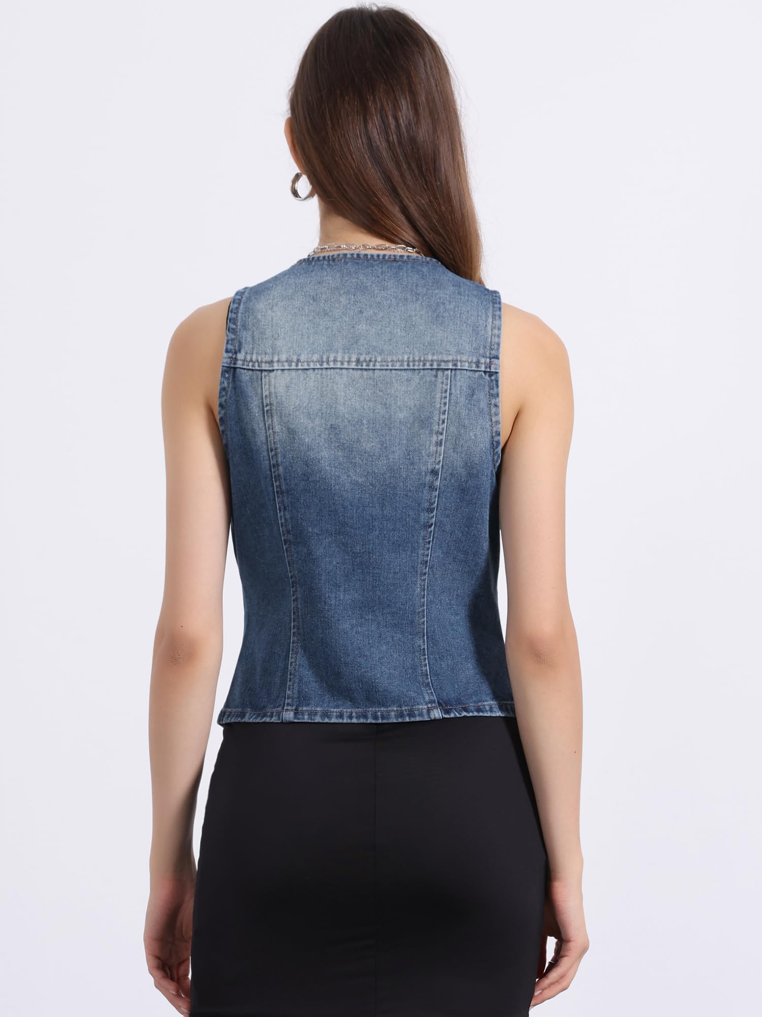 Allegra K Chaleco Vaquero para Mujer sin Mangas con Cuello en V | Chaqueta Lavado Vaquera