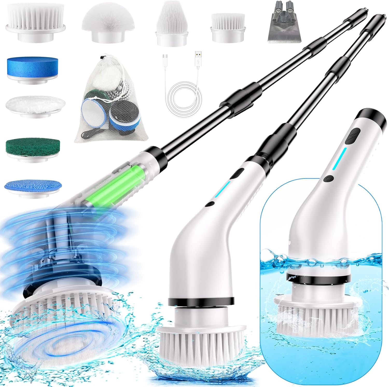 Limpiador eléctrico mejorado para limpieza con 8 cabezales de cepillo, limpiador eléctrico giratorio inalámbrico para bañera y azulejos, mango de