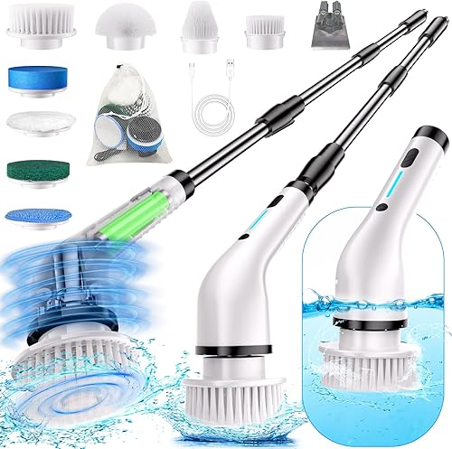 Limpiador eléctrico mejorado para limpieza con 8 cabezales de cepillo, limpiador eléctrico giratorio inalámbrico para bañera y azulejos, mango de