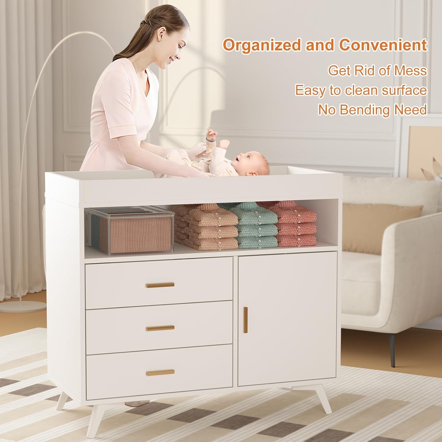 Nursery Dresser with Baby Changing Table,Diaper Changer Tables with 3-Drawer & Shelves, Wooden Baby Dresser with Top, Wood Diaper Changing Station