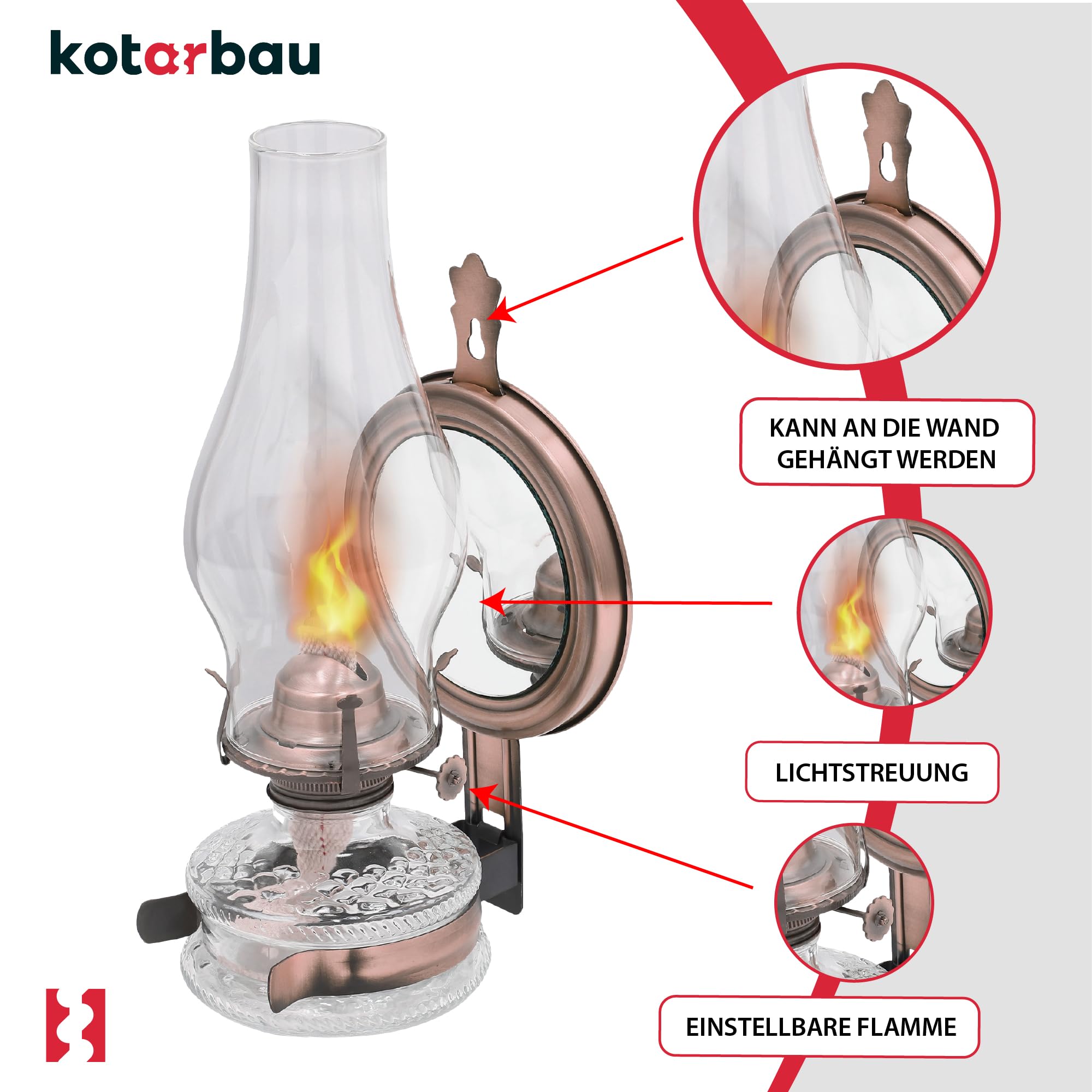 KOTARBAU® Petroleumlampe Glas Öllampe mit Spiegel Altes Kupfer Campinglampe Petroliumöllampe Kerosinlampe Laterne Vintage Öl Lampe Camping Licht Balkon Zubehör Petroleumlaterne für Innenräume