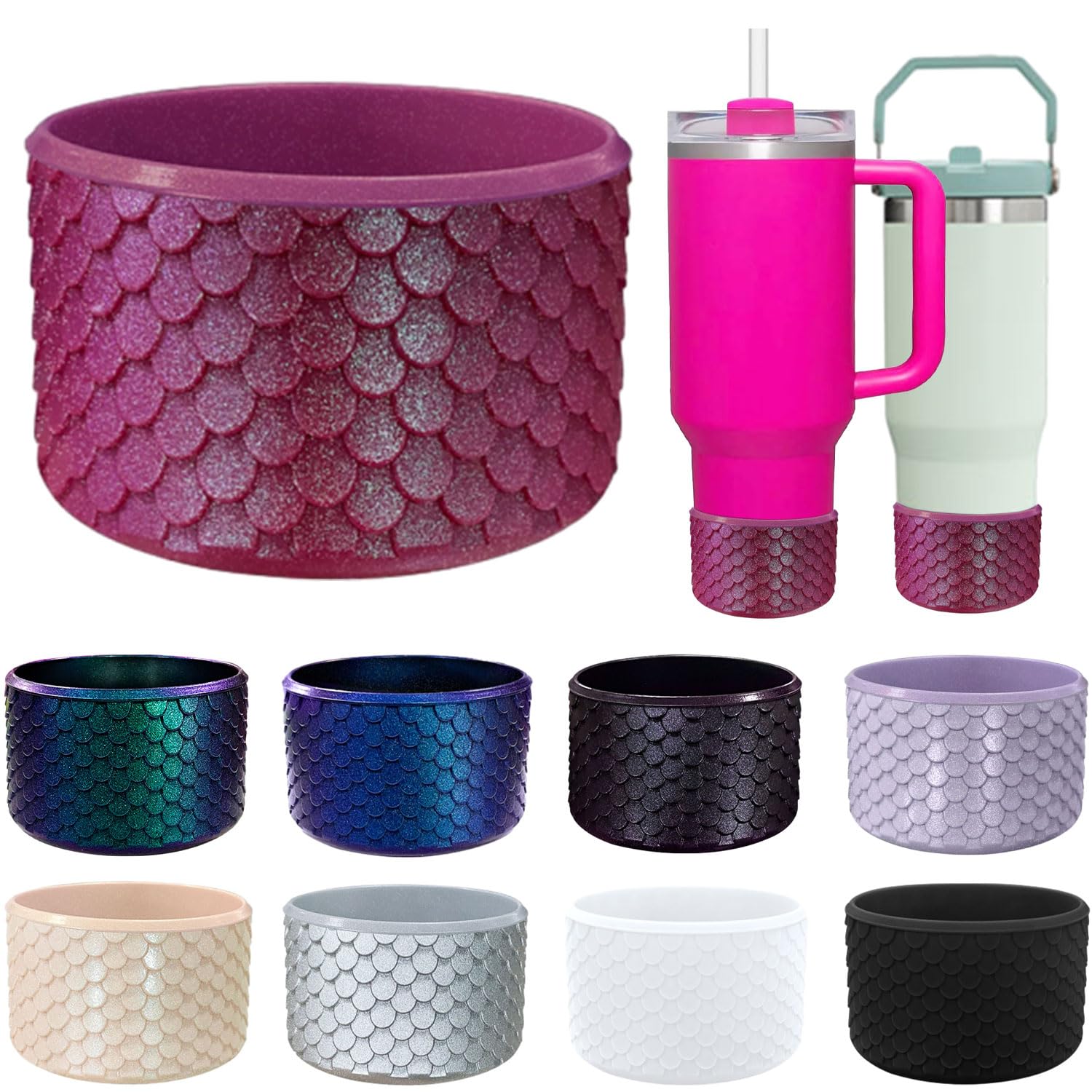 Glitter Glossy Silicone Boots for Stanley Cup 20/30/40Oz, Anti-Slip Cup Bottom Protector Boot for 12-24oz Hydroflask Owala Tumblers, 10mm/0.4in Boot for Stanley Cup Accessories (Wine Red)