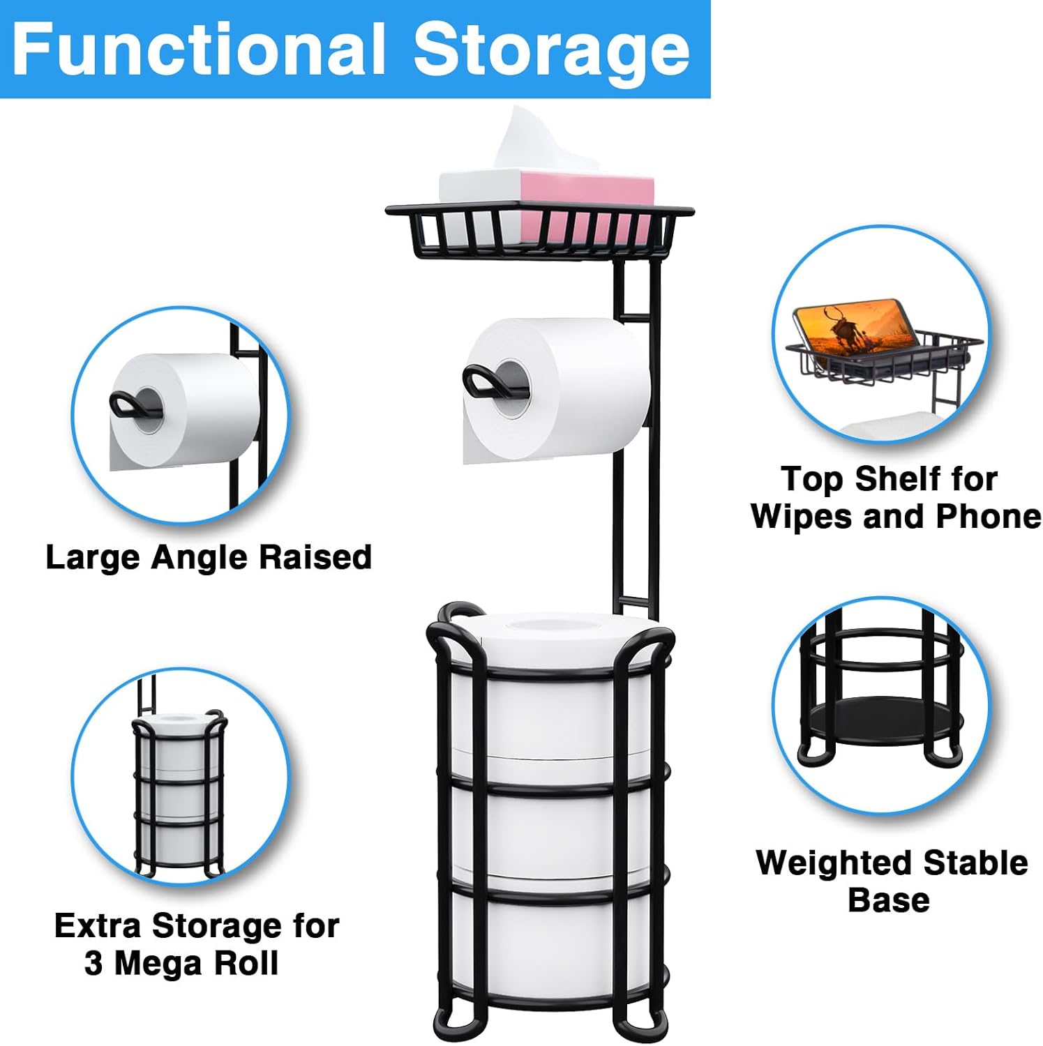 Toilet Paper Holder Stand with Shelf, Free Standing Tissue Roll Storage Rack with Dispenser for Bathroom, Black - Image 2