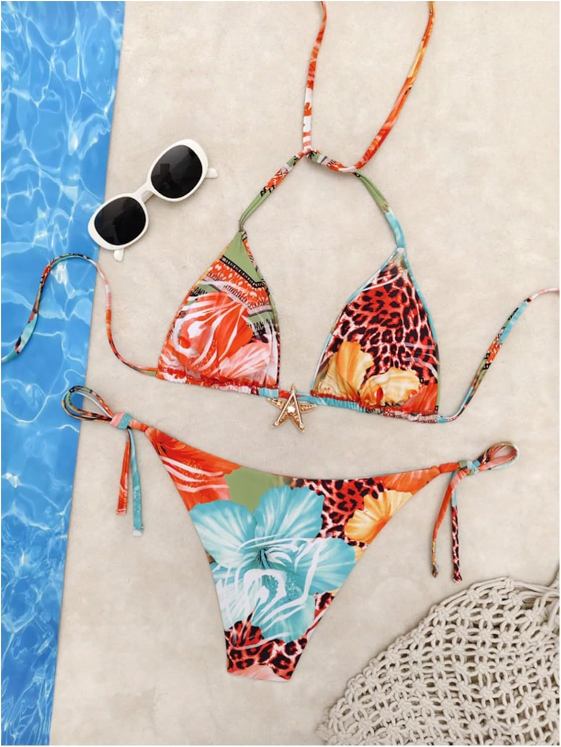 Women's 2 Piece Leopard Floral Bikini Sets Halter Triangle String Bathing Suit Starfish Metal Swimsuits - Image 2