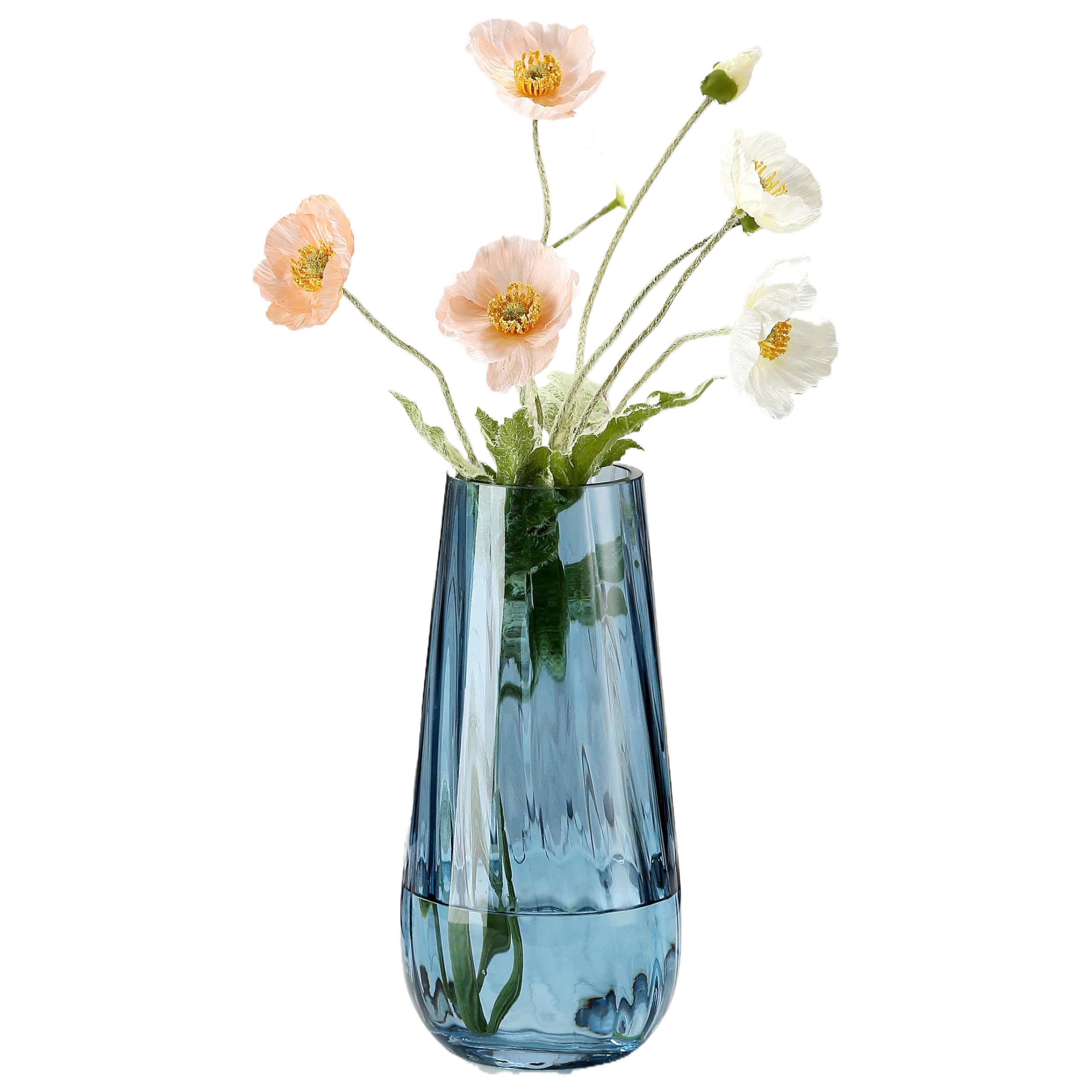 Modern Large Glass Vase H-9.8" Blue Vases for Flowers, Centerpieces and Decorative Accents - Tall Plant Vase for Office Home Table Decor