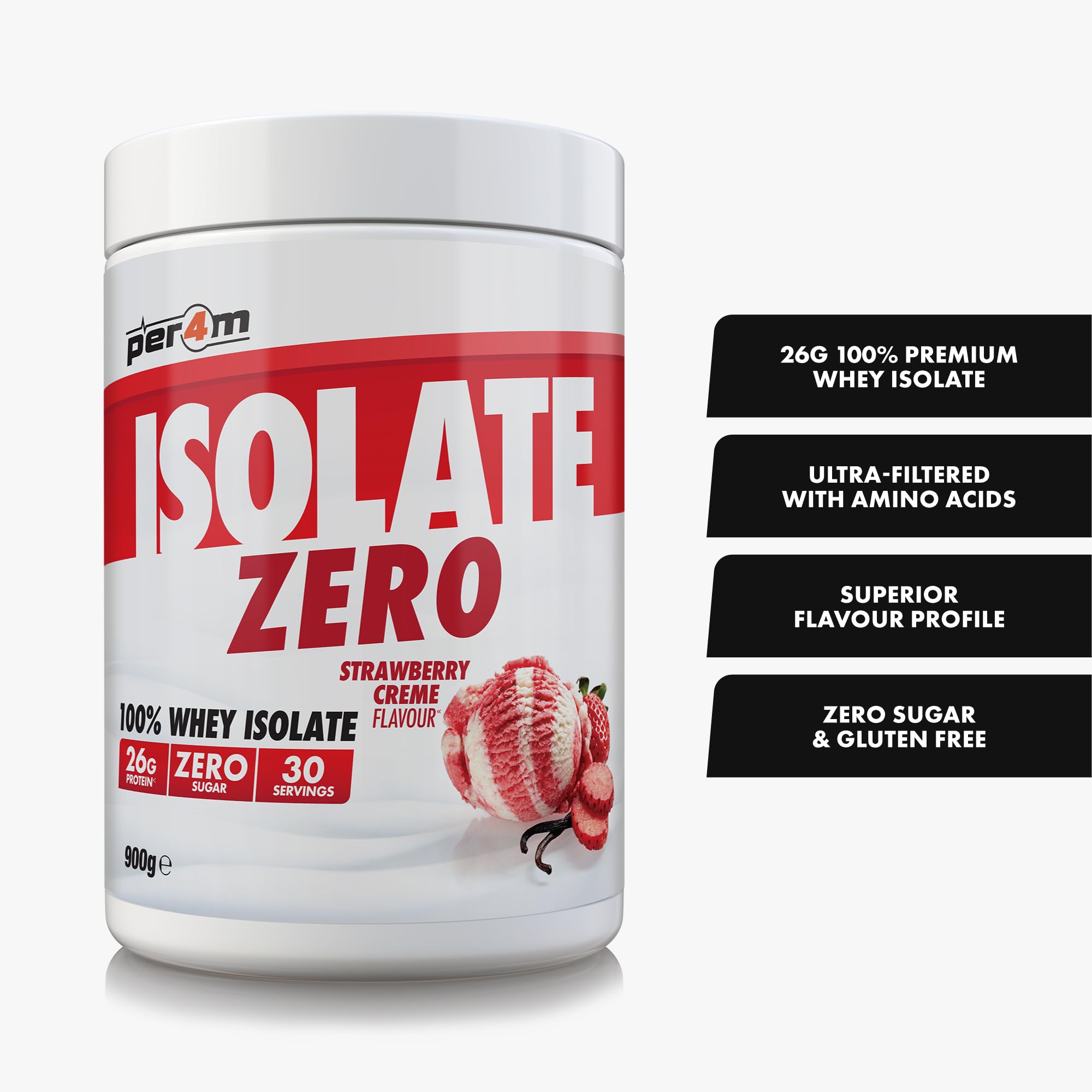 Per4m Whey Protein Isolate Zero, Poudre Protéinée pour Prise de Masse et Récupération Musculaire, Acides Aminés Essentiels, Faible en Sucre, Haute Protéine, Fitness Sport Gym – Strawberry – 900g