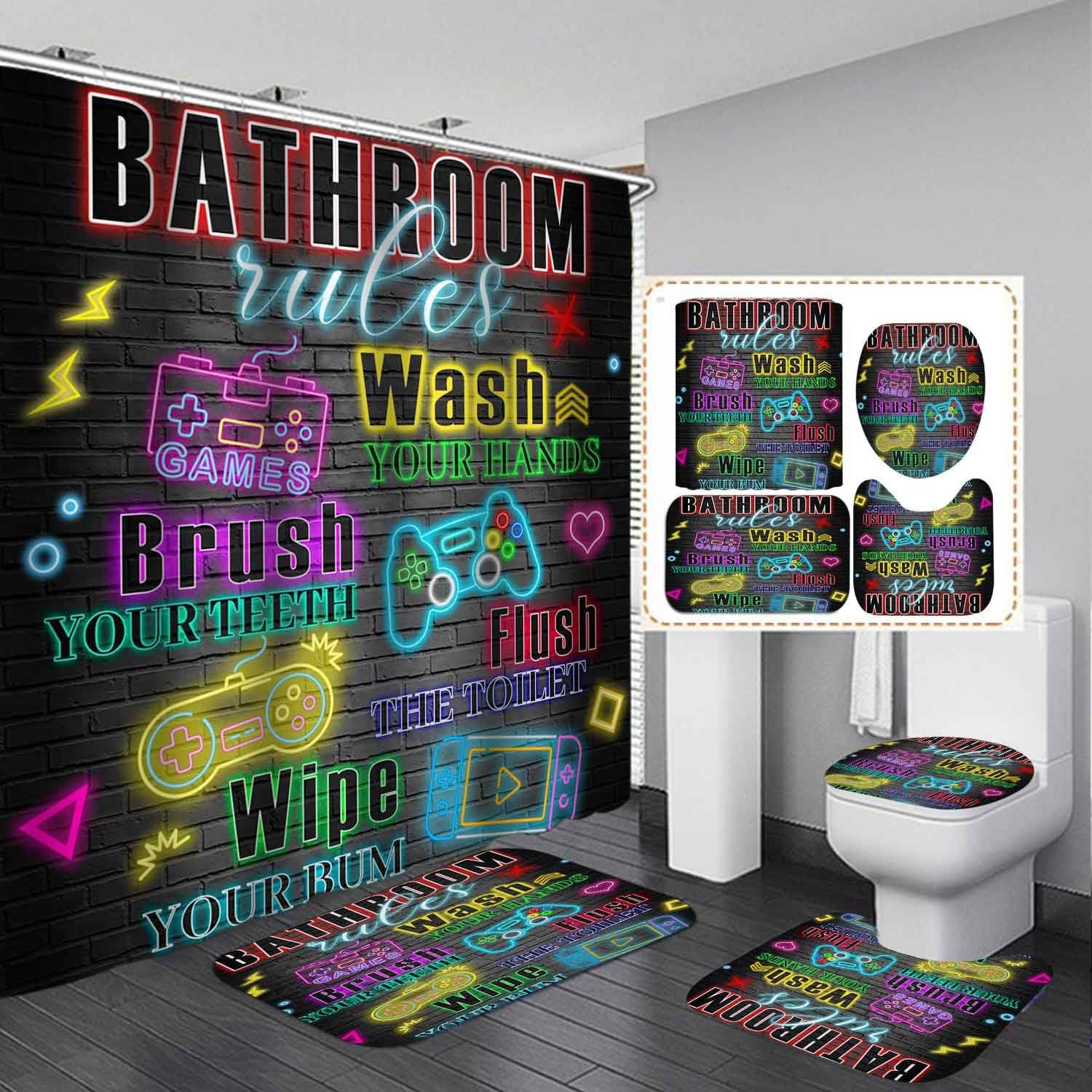 4PCS Video Game Bathroom Rules Shower Curtain Sets with Rugs, Waterproof Fabric Shower Curtain, Colorful Neon Funny Quotes Gaming Controller Gamepad Gamer Cool Teen Boys Kids Bathroom Decor