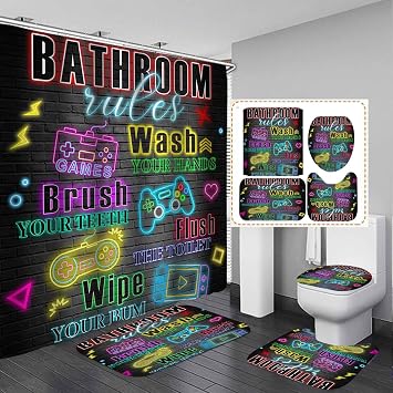 4PCS Video Game Bathroom Rules Shower Curtain Sets with Rugs, Waterproof Fabric Shower Curtain, Colorful Neon Funny Quotes Gaming Controller Gamepad Gamer Cool Teen Boys Kids Bathroom Decor