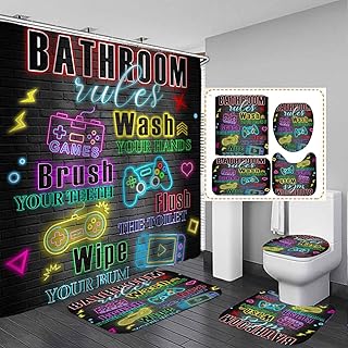 4PCS Video Game Bathroom Rules Shower Curtain Sets with Rugs, Waterproof Fabric Shower Curtain, Colorful Neon Funny Quotes Gaming Controller Gamepad Gamer Cool Teen Boys Kids Bathroom Decor