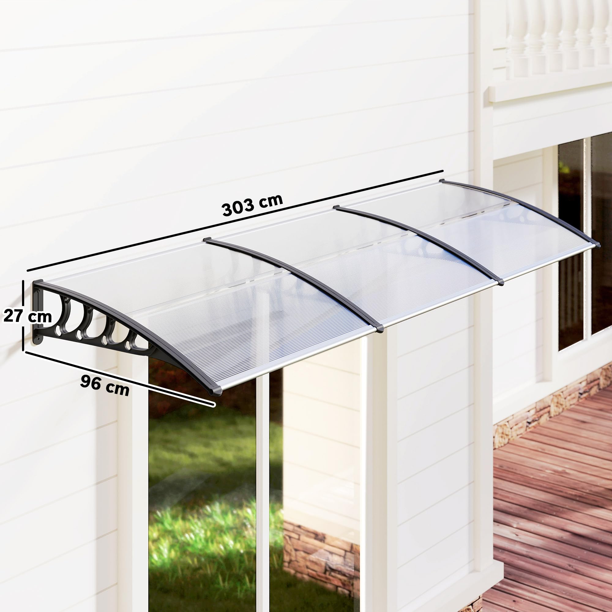 Outsunny zadaszenie drzwiowe 303 x 96 x 27 cm z ochroną UV, osłona przed deszczem i słońcem na zewnątrz, aluminiowe wsporniki, czarne