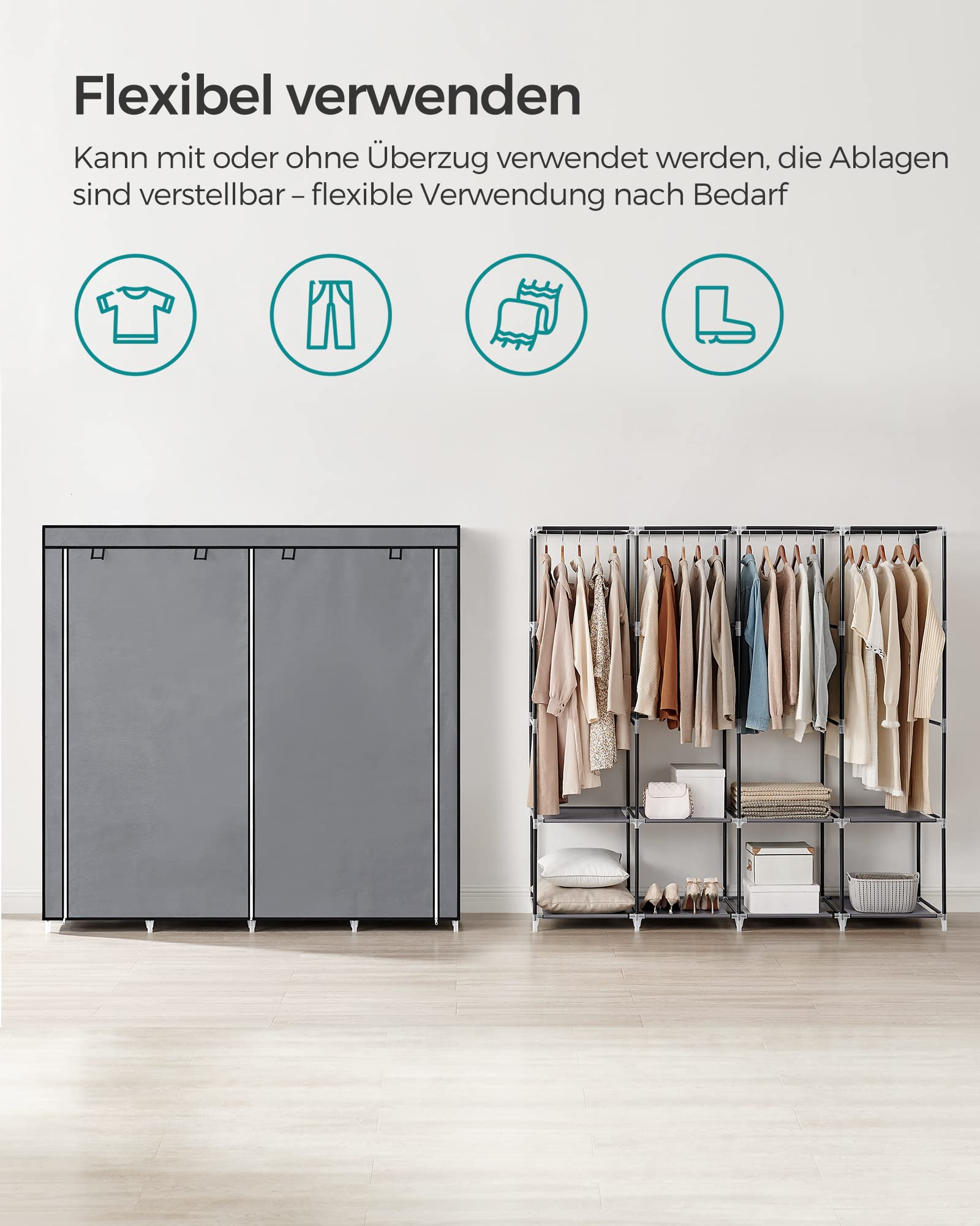 SONGMICS Stoffschrank, Kleiderschrank, 45 x 170 x 167 cm, 4 Hängefächer, mit Ablagen, 4 Seitentaschen, viel Platz, für Schlafzimmer, Wohnzimmer, grau RYG094G02