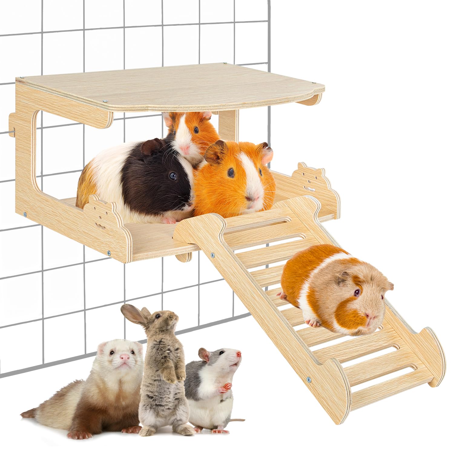 OiiBO Guinea Pig House Hideout, Wooden Guinea Pig Platform with Stairs, Small Animal Bed Castle Habitats for Hamsters Bunny Chinchillas Playing & Sleeping Hut (Rectangle)