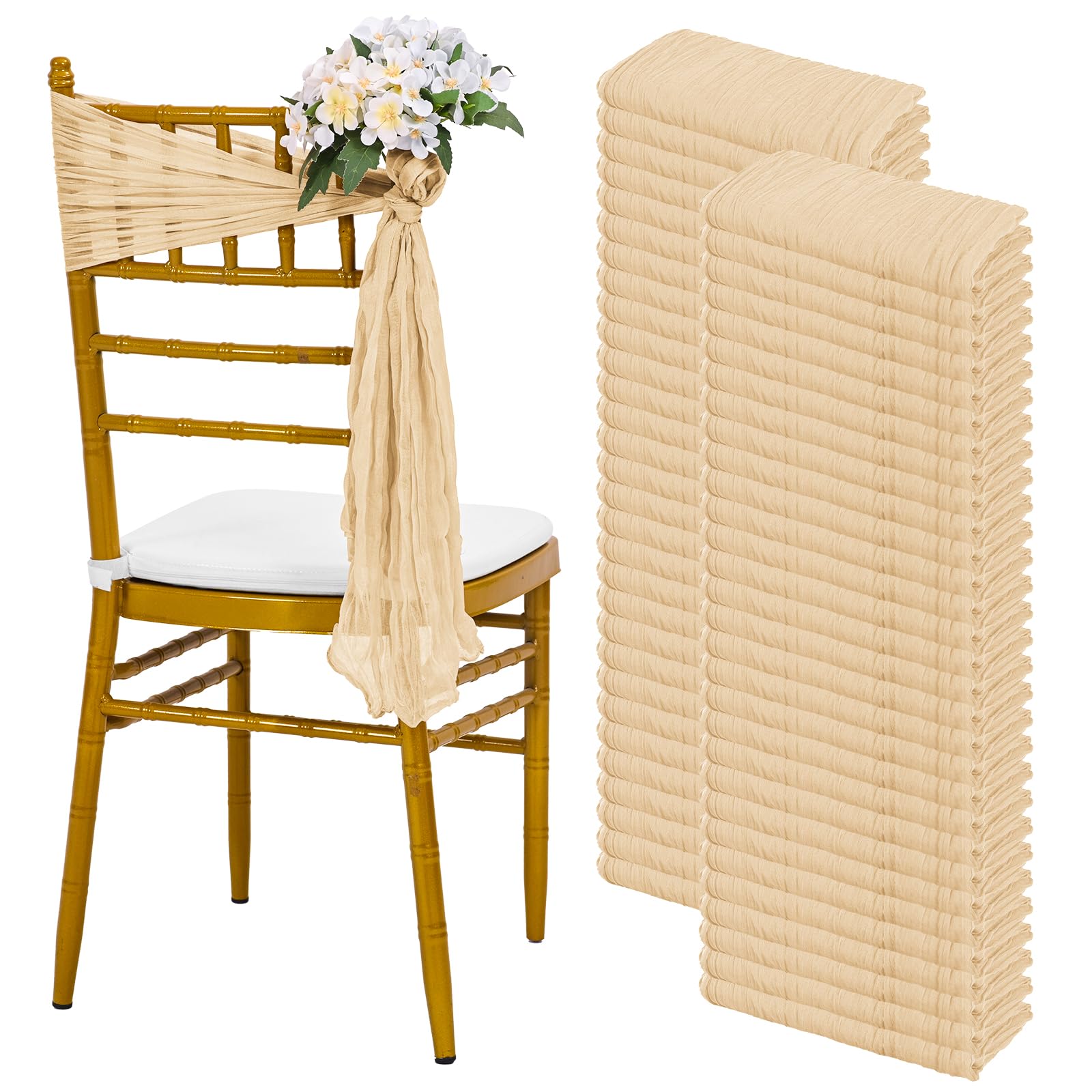 60 PCS Beige Chair Sashes Cheesecloth Sashes Rustic Chair Decorative Bows Designed ChairCover for Wedding Banquet Party Aisle Home Kitchen Decoration
