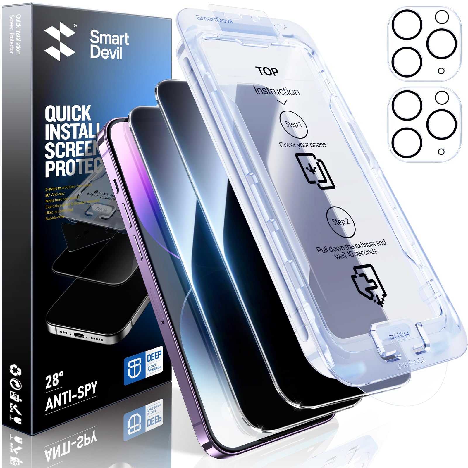 SMARTDEVIL 2+2Pack for iPhone 14 Pro Privacy Screen Protector with Camera Lens Protector,Shatterproof Tempered Glass [True 28°Anti Spy] [9H Hardness]