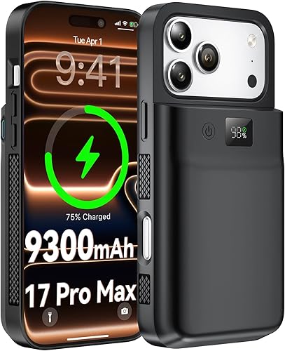PANDUK Funda de batería para iPhone 17 Pro Max, 9300mAh USB-C Banco de energía portátil 20 W PD Carga rápida Carga inalámbrica Sincronización