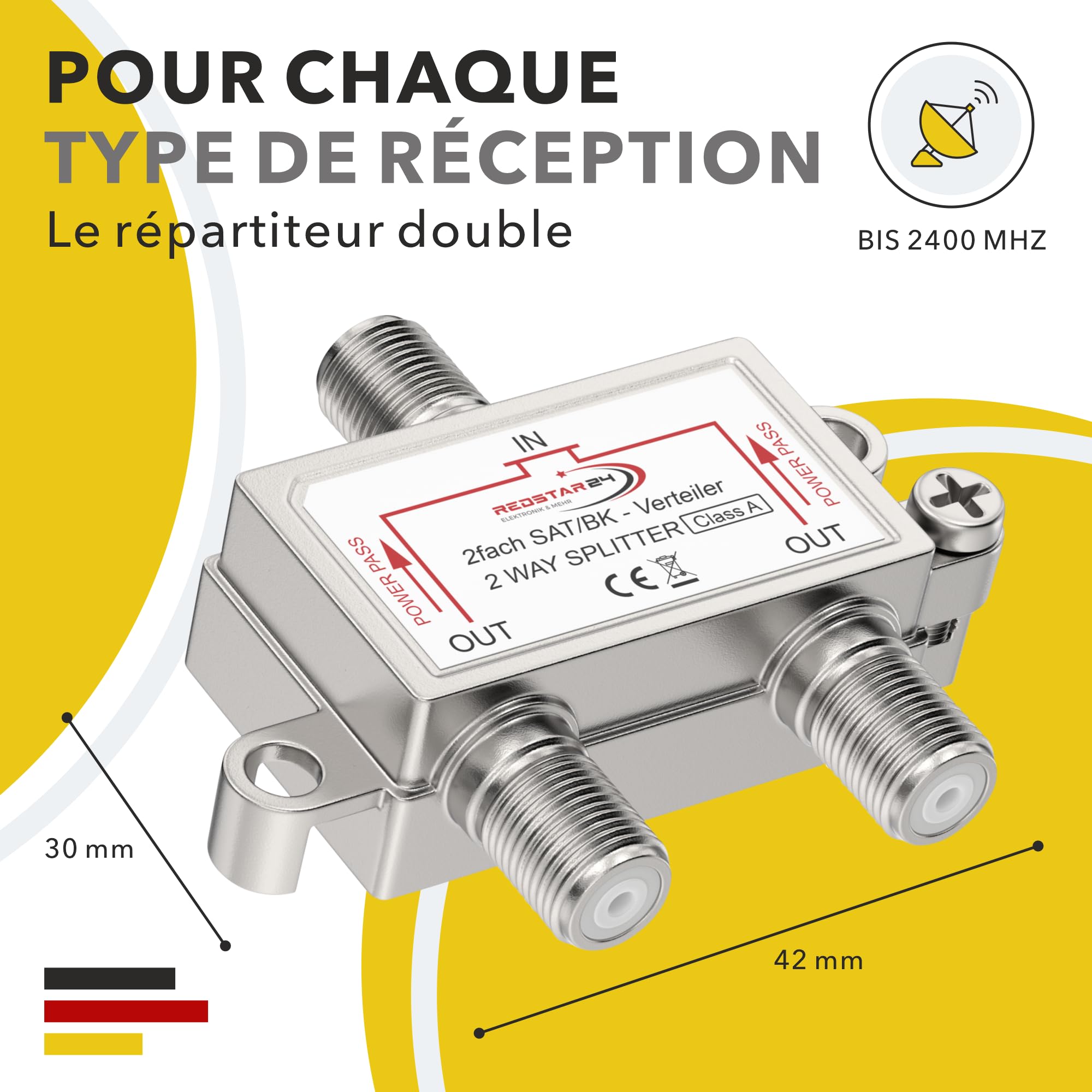 Redstar Répartiteur TV SAT 2 voies - Distributeur antenne satellite HDTV UHD 4K DVB-S/S2 DVB-T/T2 DVB-C/C2 boîtier blindé