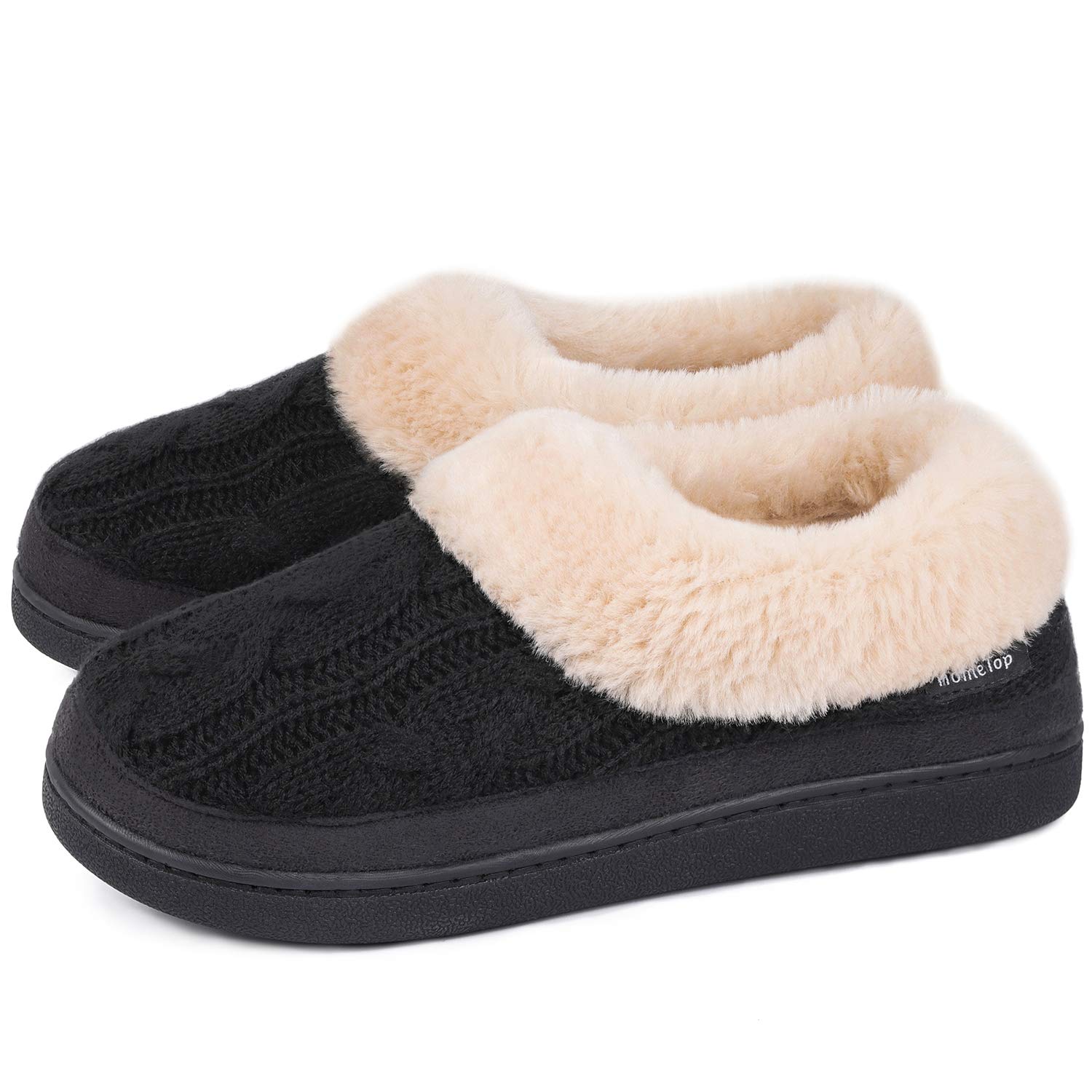 HomeTopHomeTop Women's Cozy Cable Knit Memory Foam House Shoes Slipper with Fuzzy Plush Collar