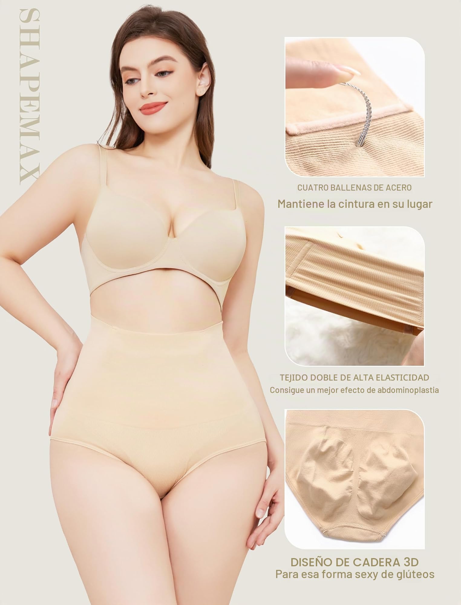Fajas Reductoras Mujer Bragas Postparto, Faja Moldeadora y Reductora Cintura Alta Invisible Sin Costuras, Control Abdomen y Levantamiento de Glúteos Recuperación Postparto Beige L