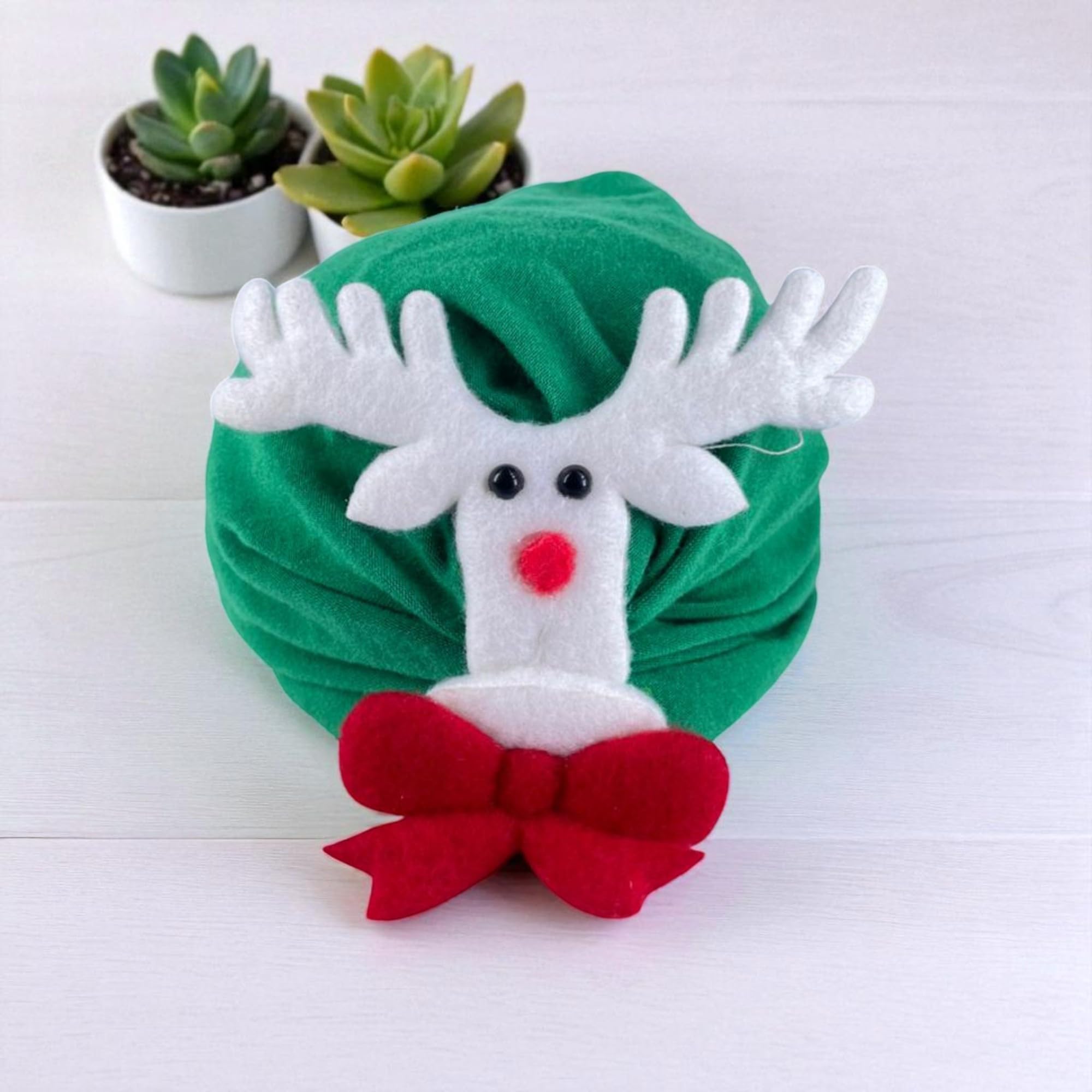 OMID, Christmas Reindeer Antler Plush Hat with Red Bow – Festive Holiday Party Cap 2