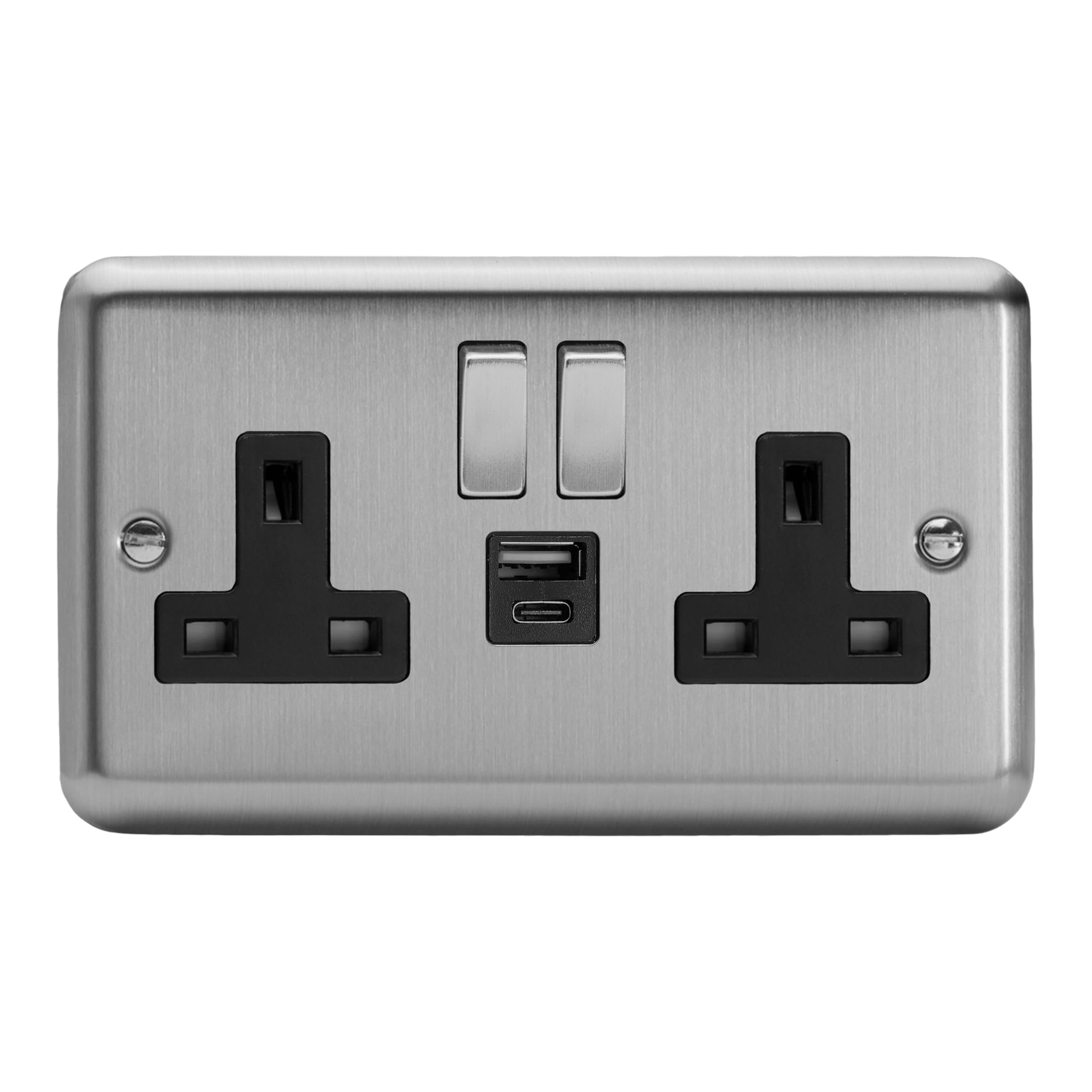Varilight Double Switched Plug Socket With USB A+C Charging - Value Matt Chrome With Brushed Steel/Black Insert, XS5UACDB
