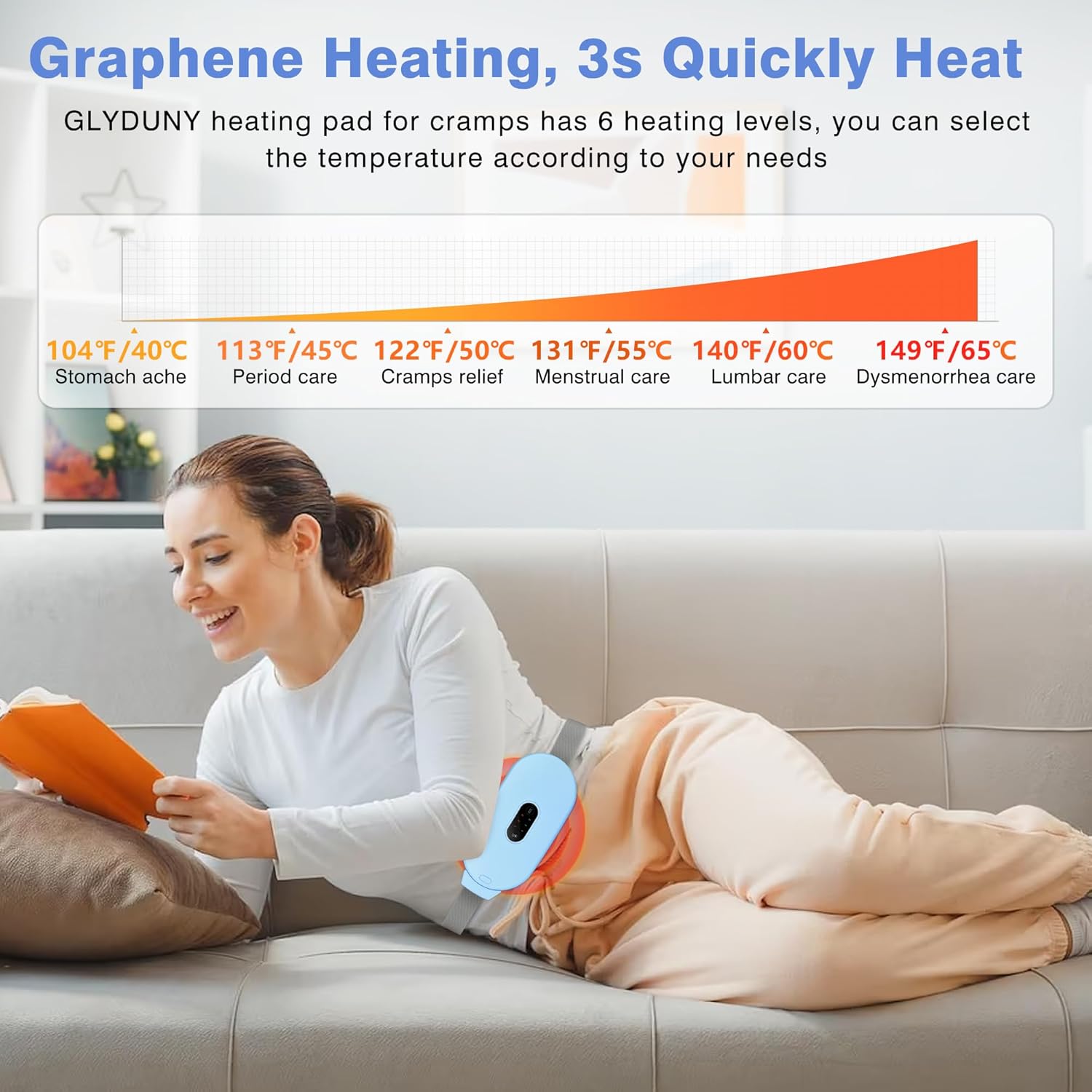Glyduny Heating Pads, Period Cramp Massager Portable Cordless Heating Pad with 6 Heat Levels and 6 Massage Modes for Back Pain Relief Menstrual Heating Pad (Blue)