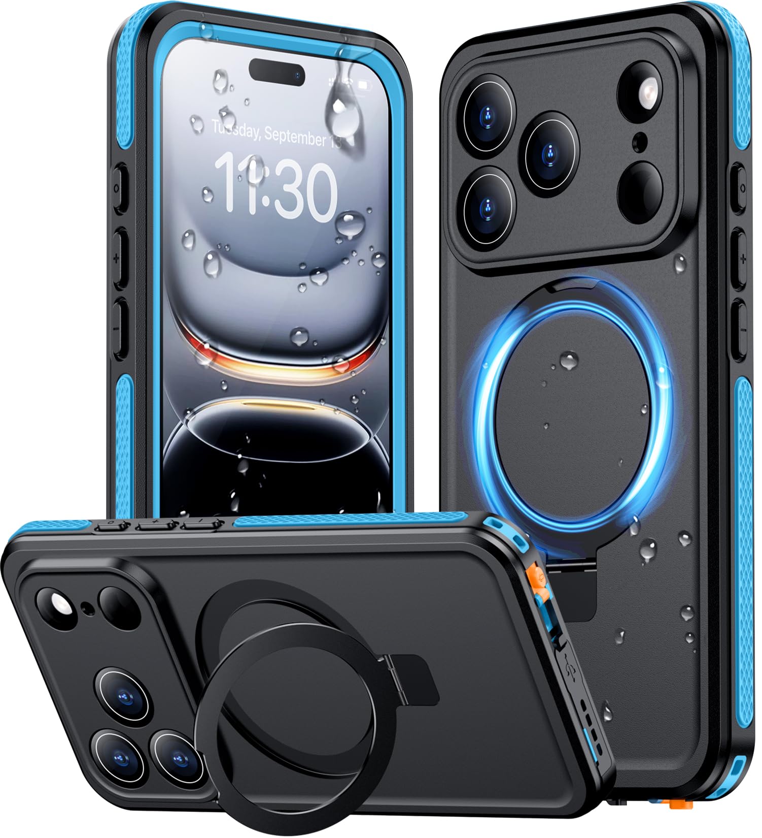 Magnetische Schutzhülle für iPhone 17 Pro, wasserdicht, eingebauter Bildschirm- und Kameraschutz, IP68, Unterwasser-Ganzkörperhülle, 4,2 m, militärisch, sturzsicher, stoßfest, 16 cm, Blau