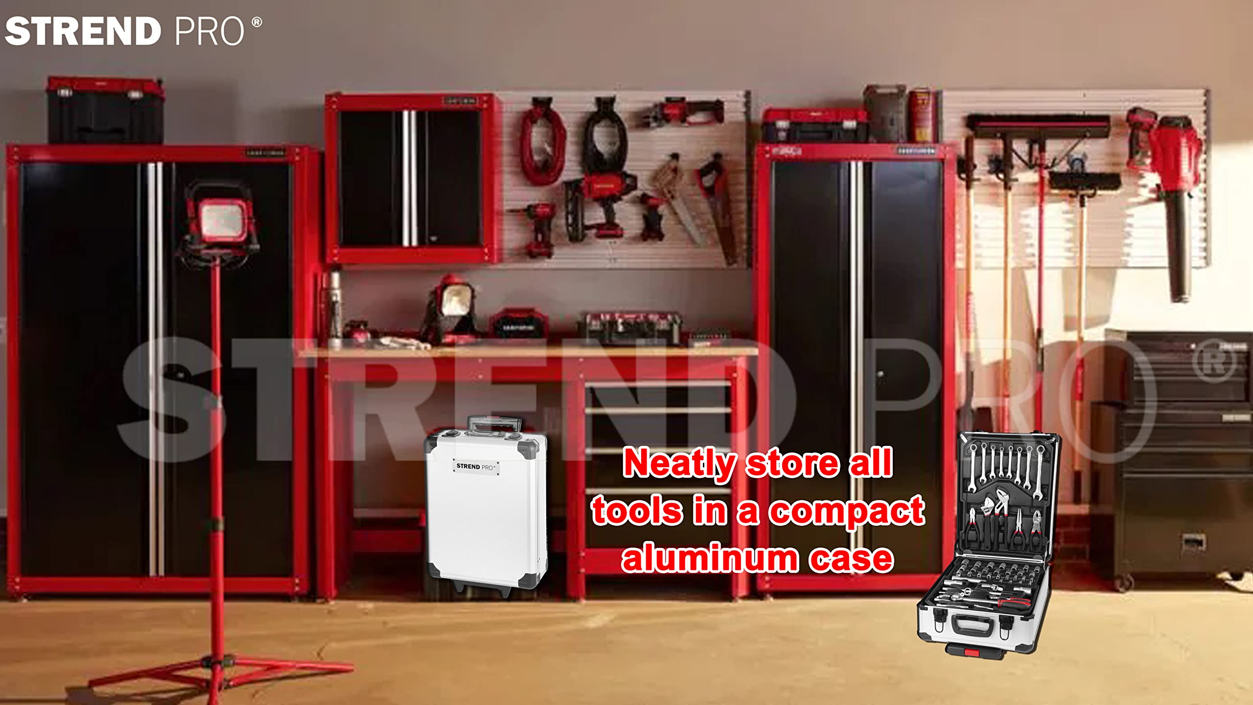 STREND PRO Werkzeugkoffer Gefüllt 117 Tlg. Werkzeugkiste - Perfektes Handwerkzeug Set für DIY- Werkzeug Koffer Trolley mit Rädern - Kfz Rollbar Für Hause/Autoreparatur- Alu