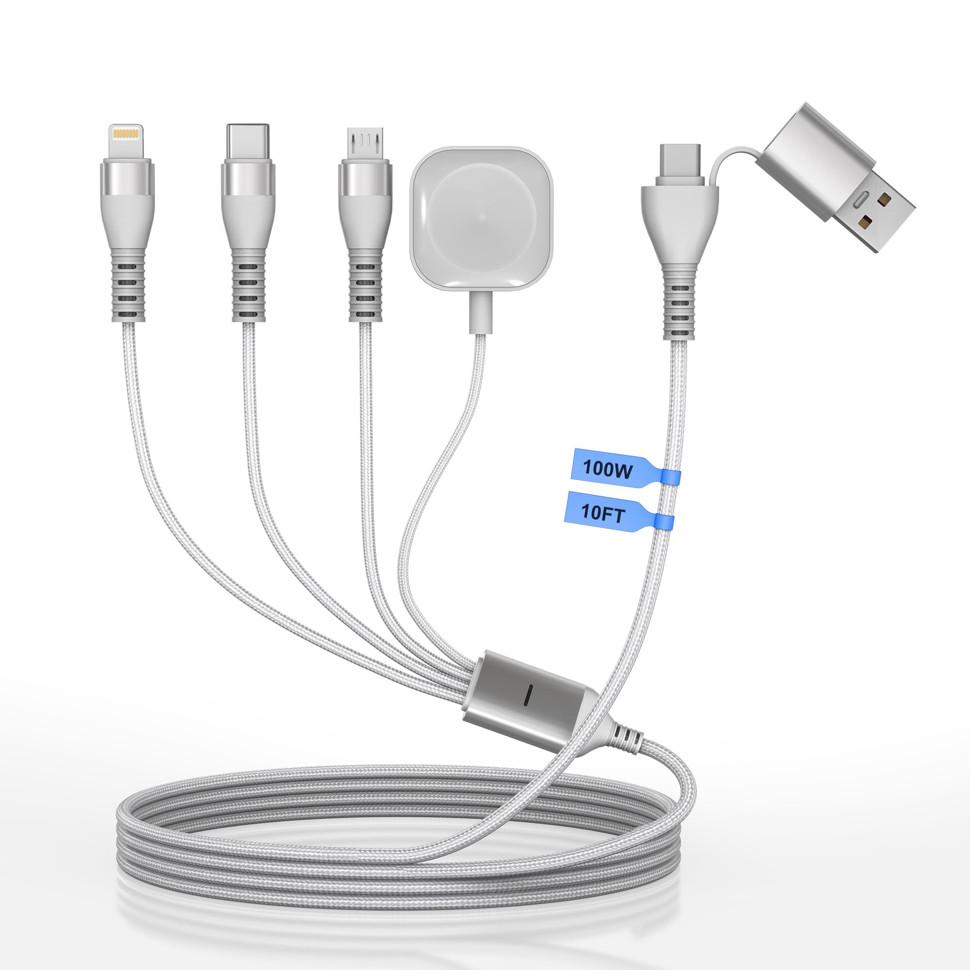 Câble de charge multiple 100 W pour Apple Watch, cordon de chargeur 4 en 2 avec chargeur de type C/Lightning/Micro USB/iWatch magnétique pour iPhone 17-12, MacBook, iPad, Samsung, camping-car et