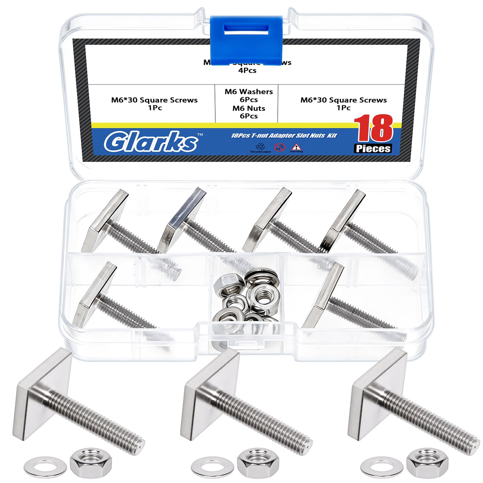 Glarks 6 Sets M6 x 30mm Square Head Bolt with Hex Nut and Washers Kit, Stainless Steel Fully Thread Roof Rack Bolts, Square Machine Screws Kit for Machinery, Railroads, Electrical Connections