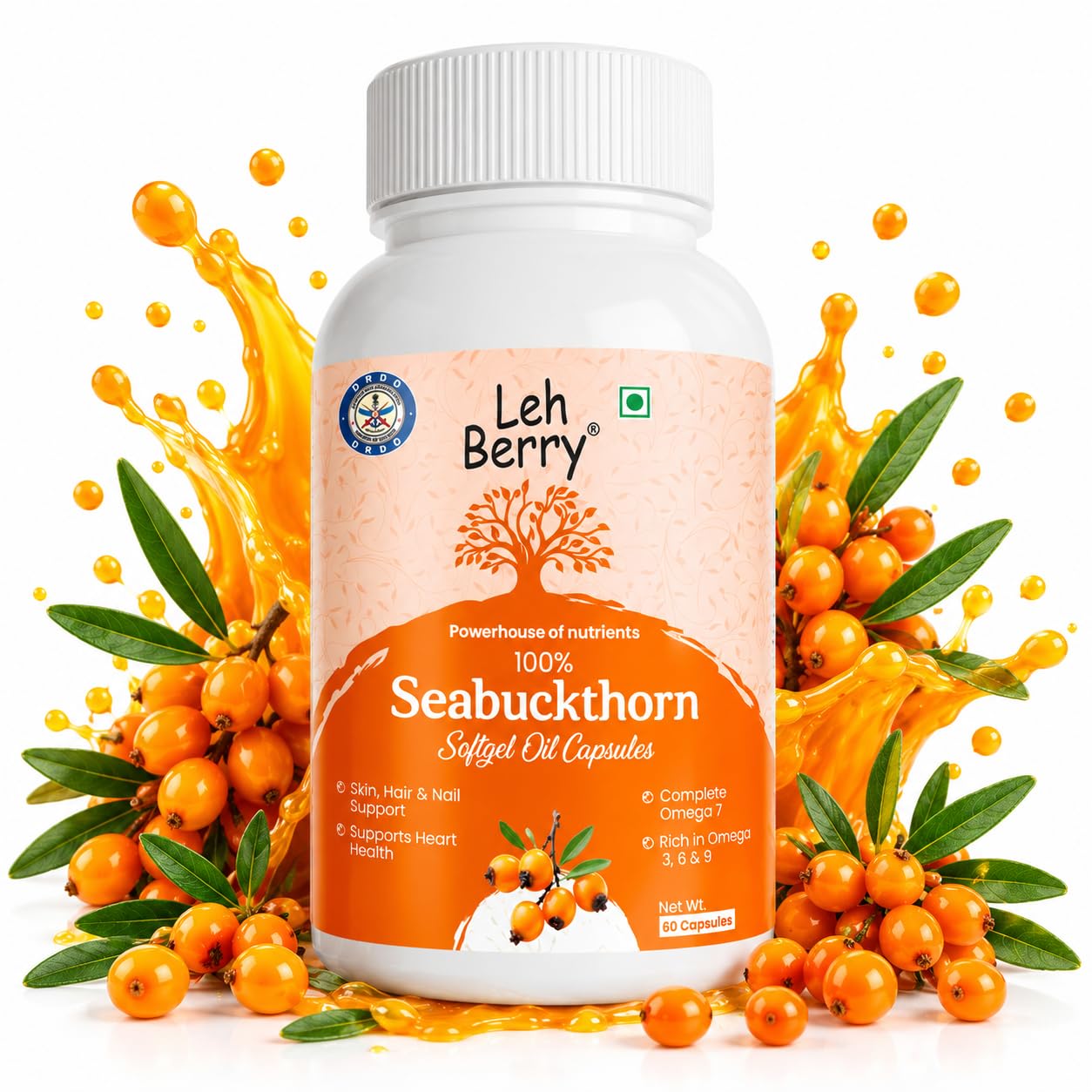 Sea Buckthorn Softgel Oil Capsules 500mg (60 Capsules) | Omega 3 6 7 9 Rich | Natural Skin, Hair, Eye & Heart Support Supplement | No Added Chemicals, Vegetarian Source