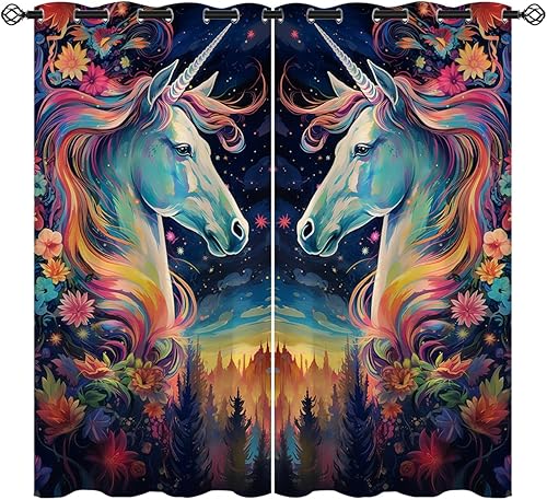 Cortinas opacas de unicornio para niñas y niños, decoración del hogar, lindo arco iris de fantasía de ensueño con ojales, cortinas con aislamiento