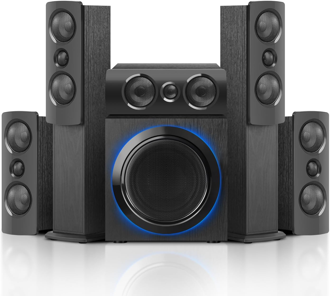 5.1 Surround Sound Speaker System with 6.5" Subwoofer Stereo, Home Theater System with Five 1" Tweeters and Ten 2.5" Mids, Supports RCA/BT/Optical Inputs for TV PCs, Black Textured Wood Case