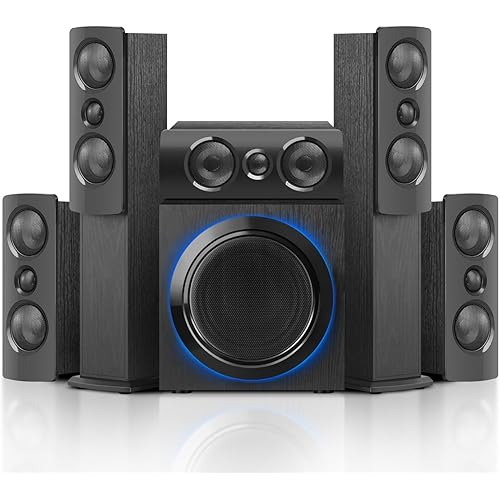 5.1 Surround Sound Speaker System with 6.5" Subwoofer Stereo, Home Theater System with Five 1" Tweeters and Ten 2.5" Mids, Supports RCA/BT/Optical Inputs for TV PCs, Black Textured Wood Case