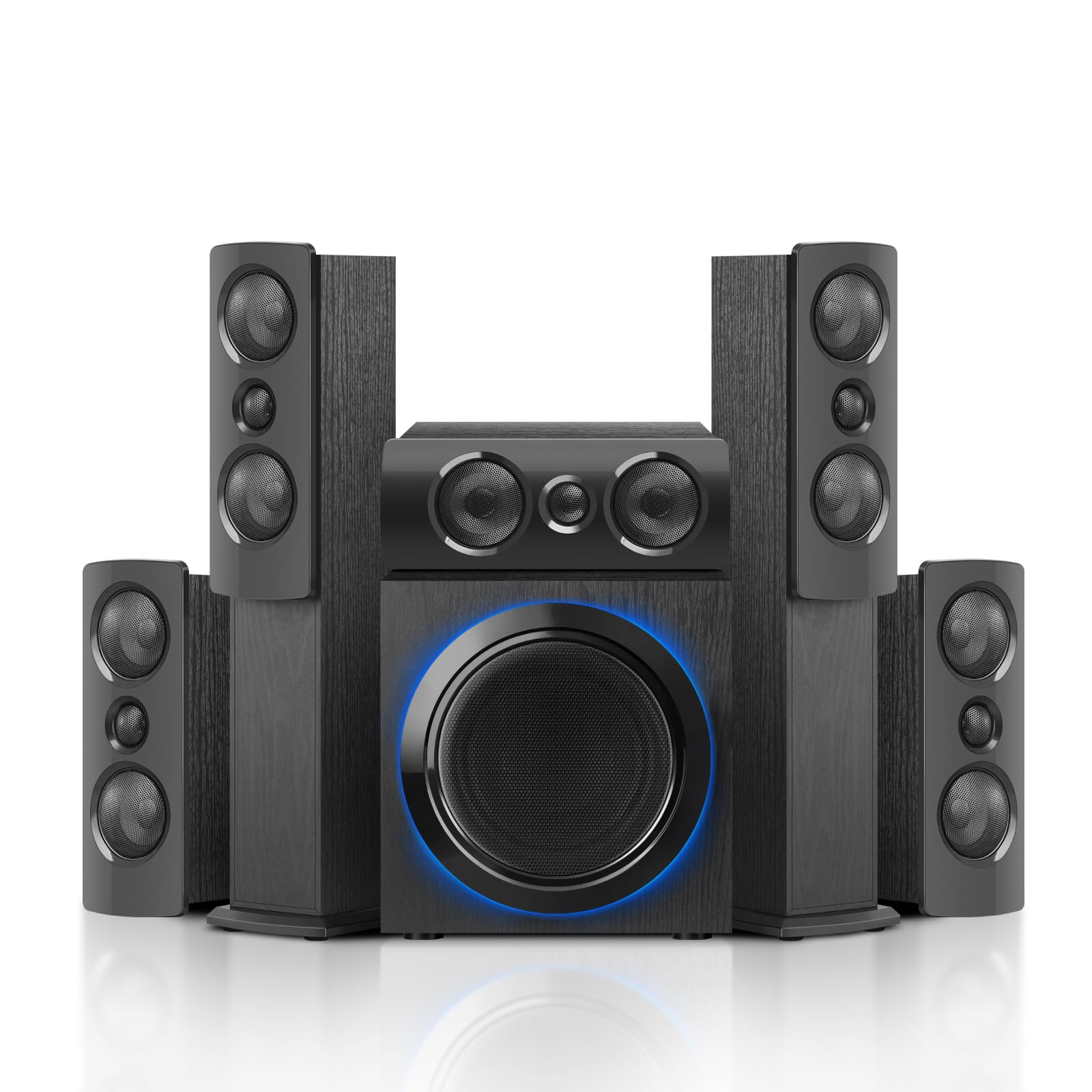 5.1 Surround Sound Speaker System with 6.5" Subwoofer Stereo, Home Theater System with Five 1" Tweeters and Ten 2.5" Mids, Supports RCA/BT/Optical Inputs for TV PCs, Black Textured Wood Case