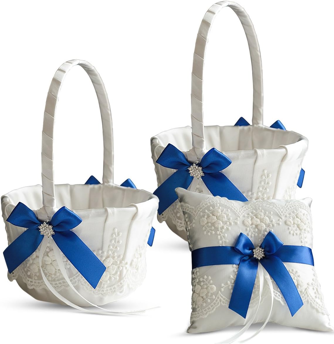 Ivory Ring Bearer Pillow and Basket Set | Lace Collection | Flower Girl & Welcome Basket for Guest | Handmade Wedding Baskets & Pillows (Royal Blue)