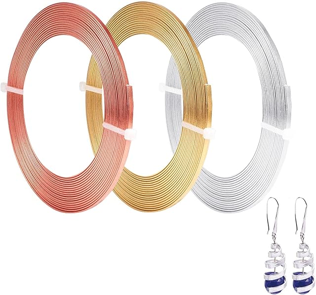 Cinvo 3 Rolls Flat Craft Wire Jewelry Wire Flexible Aluminum Wire Tarnish Resistant for Bezel Sculpting DIY Jewelry Craft Making (1mm thickness, 3mm Width, Silver, Gold and Rose Gold)