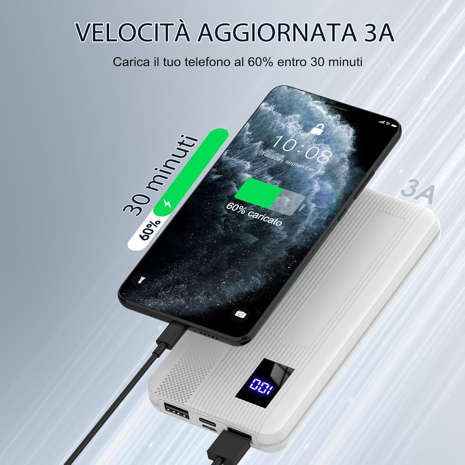 Dbasne Power Bank, 10000mAh powerbank,15W compatta Caricatore Portatile, con USB Input (USB C) & Output Batteria Esterna con Display Digitale LED per iPhone Samsung Huawei Xiaomi ecc(2024 Bianco) - Immagine 2