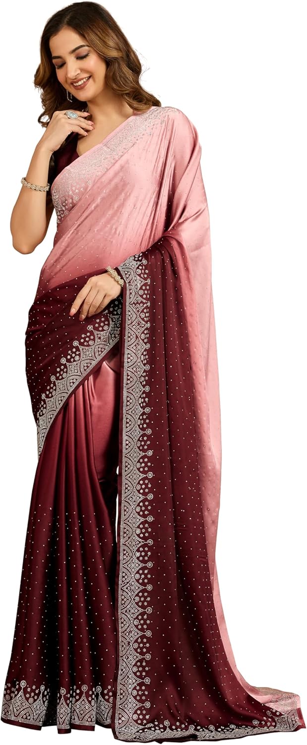 TRENDMALLS Women's Satin Siroski Work Ombre Pattern Dual Shade Saree with Unstitch Blouse Piece For Women