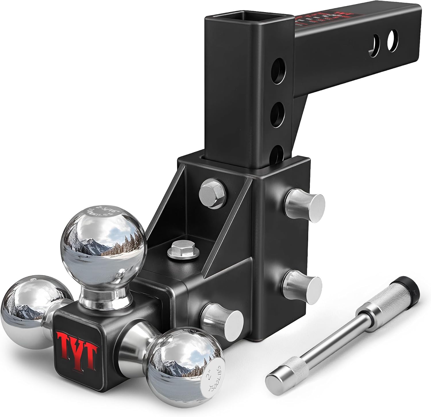 TYT Adjustable Tri-Ball Trailer Hitch for 2" Receiver: 5" Drop/Rise, 1-7/8" 2" 2-5/16" Balls, 10,000 lbs GTW, Includes Locks & Pins