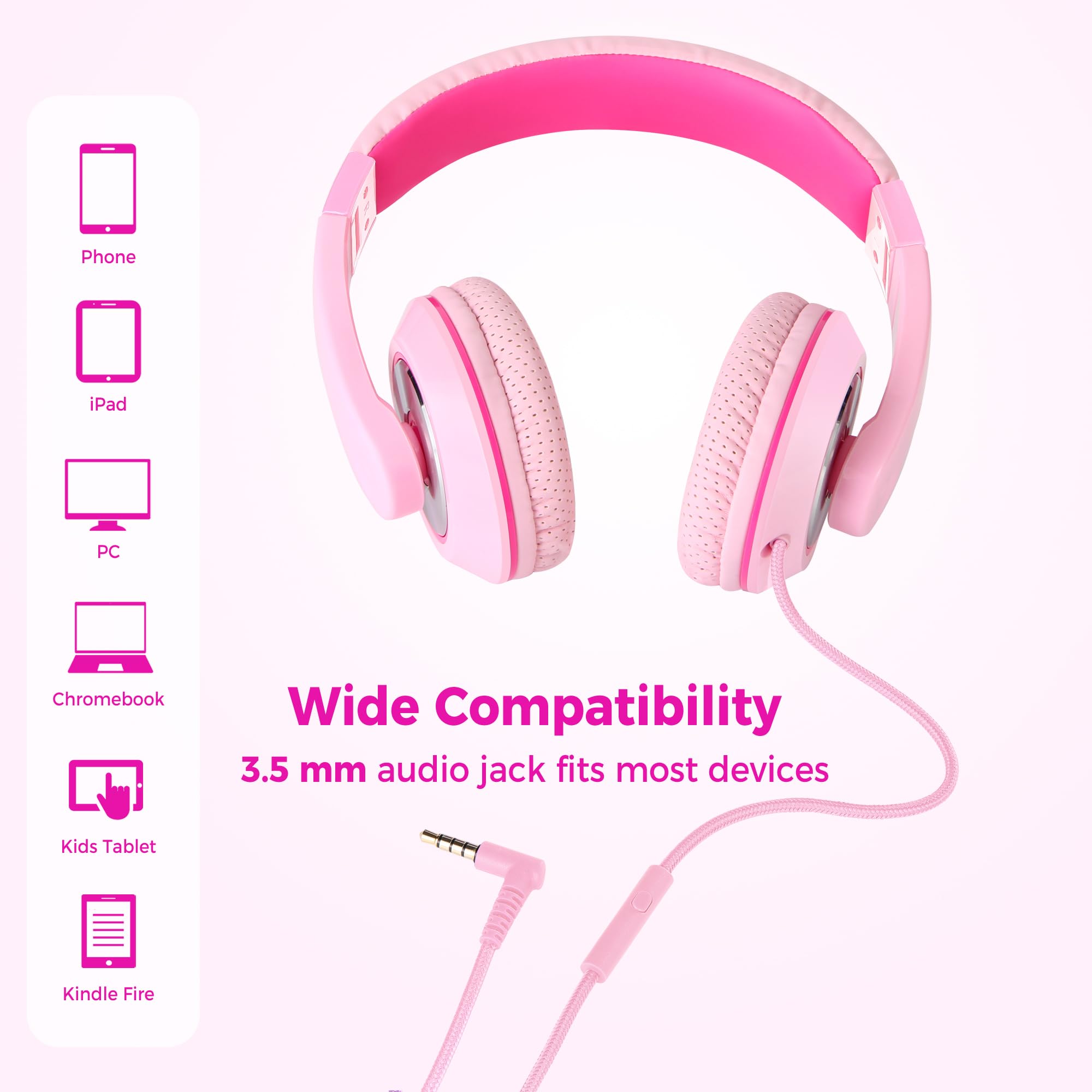 RockPapa Comfort+ Kinder Kopfhörer für Schule Jungen, Kopfhörer Kinder mit Kabel, Einstellbar, Lautstärkeregler, 3,5 mm Jack, HD-Mikrofon, Over Ear Kinderkopfhörer für Schule/Reise/PC, Rosa