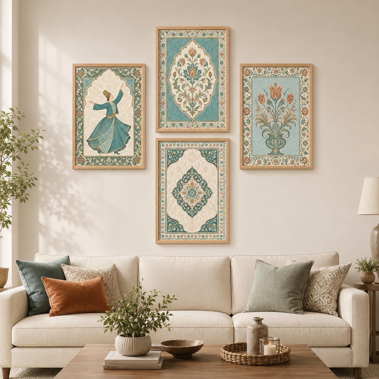 Livin'luxe Set of 4 Persian Floral & Sufi Dancer Wall Paintings with Sparkle Laminate and Premium Wooden Synthetic Frame for Living Room Bedroom Office Decor (13.5 x 19.5 Inch)-image-17