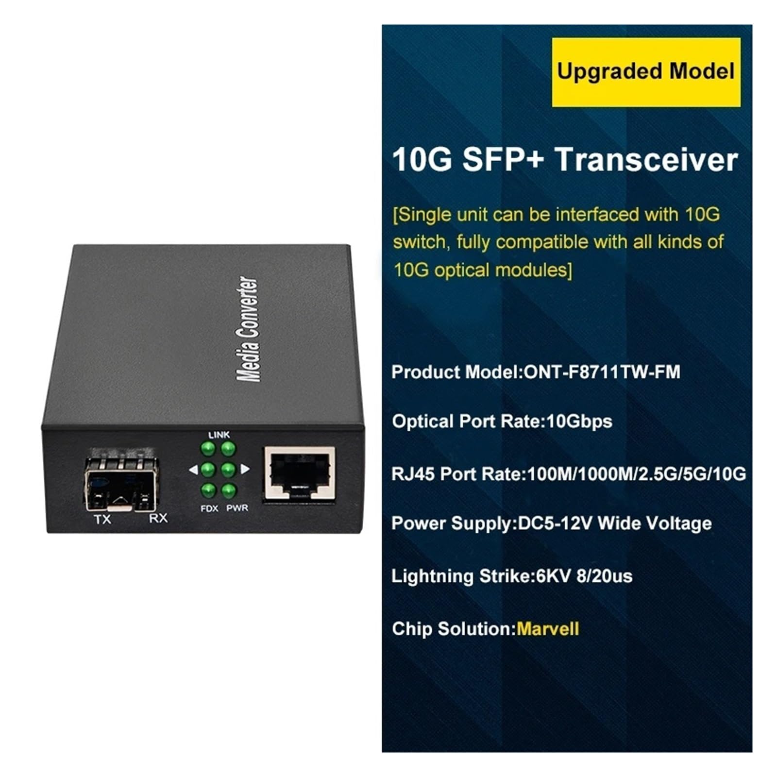 Convertisseur de média Fibre Optique 10G SF.p+ vers RJ45 SF.p+ 10/100/1000 mètres/10G Ethernet Compatible émetteur-récepteur