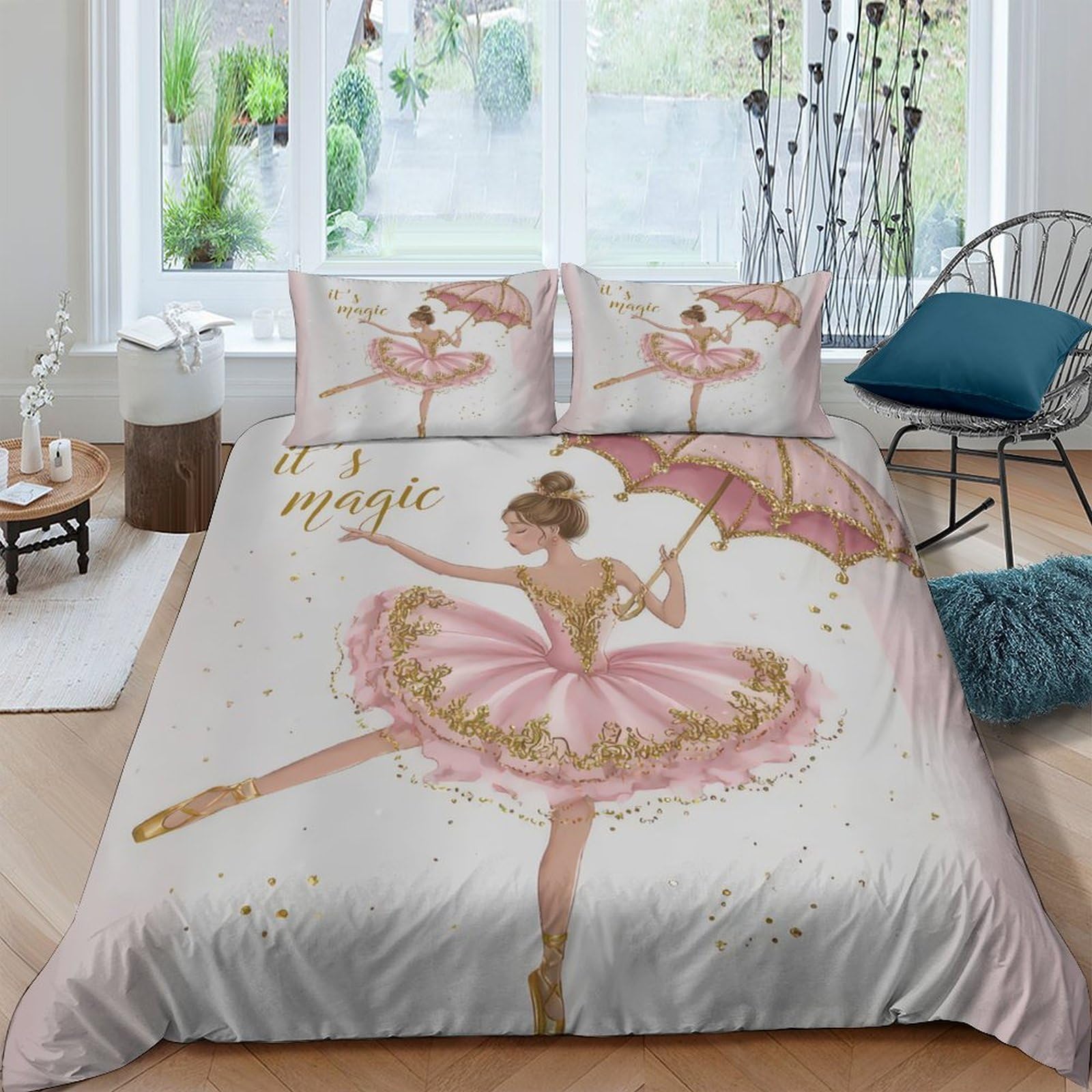 GPLZQXKJNH 3D Printed Ballet Dancer Duvet Cover Microfiber Pink Elegant Ballerina Quilt Cover Set with 2 Pillowcases for Bedroom Decor Single（135x200cm）