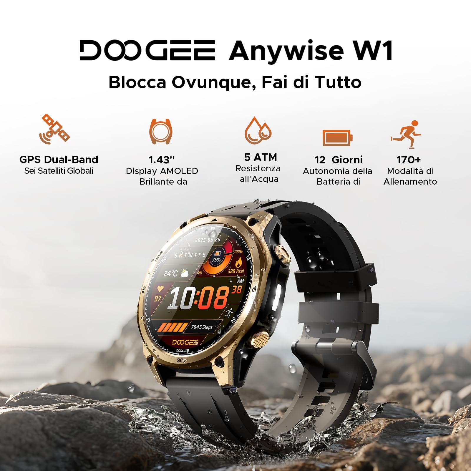 Anywise W1 AI Smartwatch Uomo,GPS Dual-Band Integrato,5ATM Impermeabile Militare Smart Watch,1.43" AMOLED Fitness Tracker Per Android iOS,170+Sports Modes,Answer/Make Call/12 Days Battery