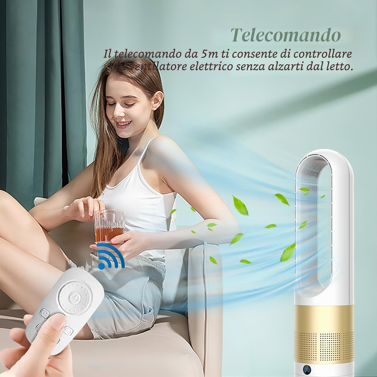 Ventilatore a colonna senza pale da 45,7 cm, ventilatore silenzioso con ionizzatore, telecomando da 5 m, 8 velocità, timer 8 ore e oscillazione 80°, ventilatore a piantana per camera da letto